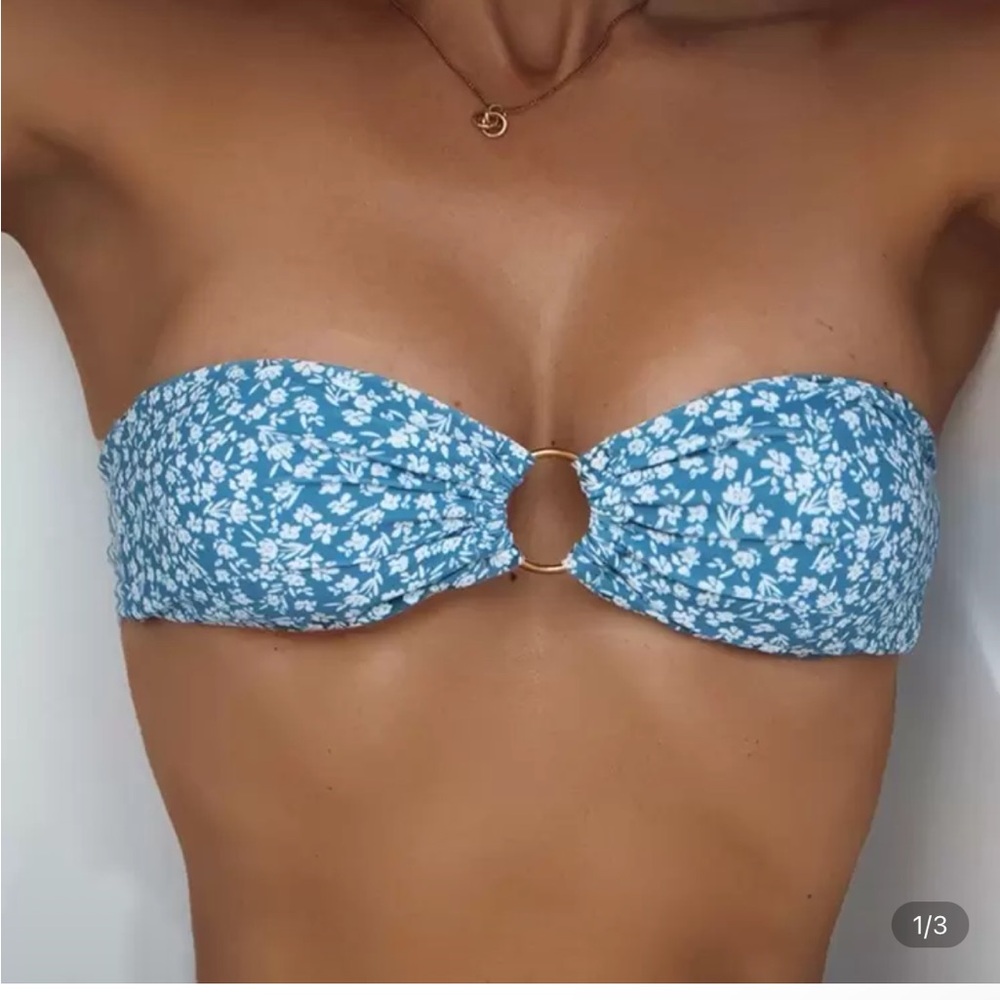 Shein - Blue and White Floral Bandeau Bikini Top